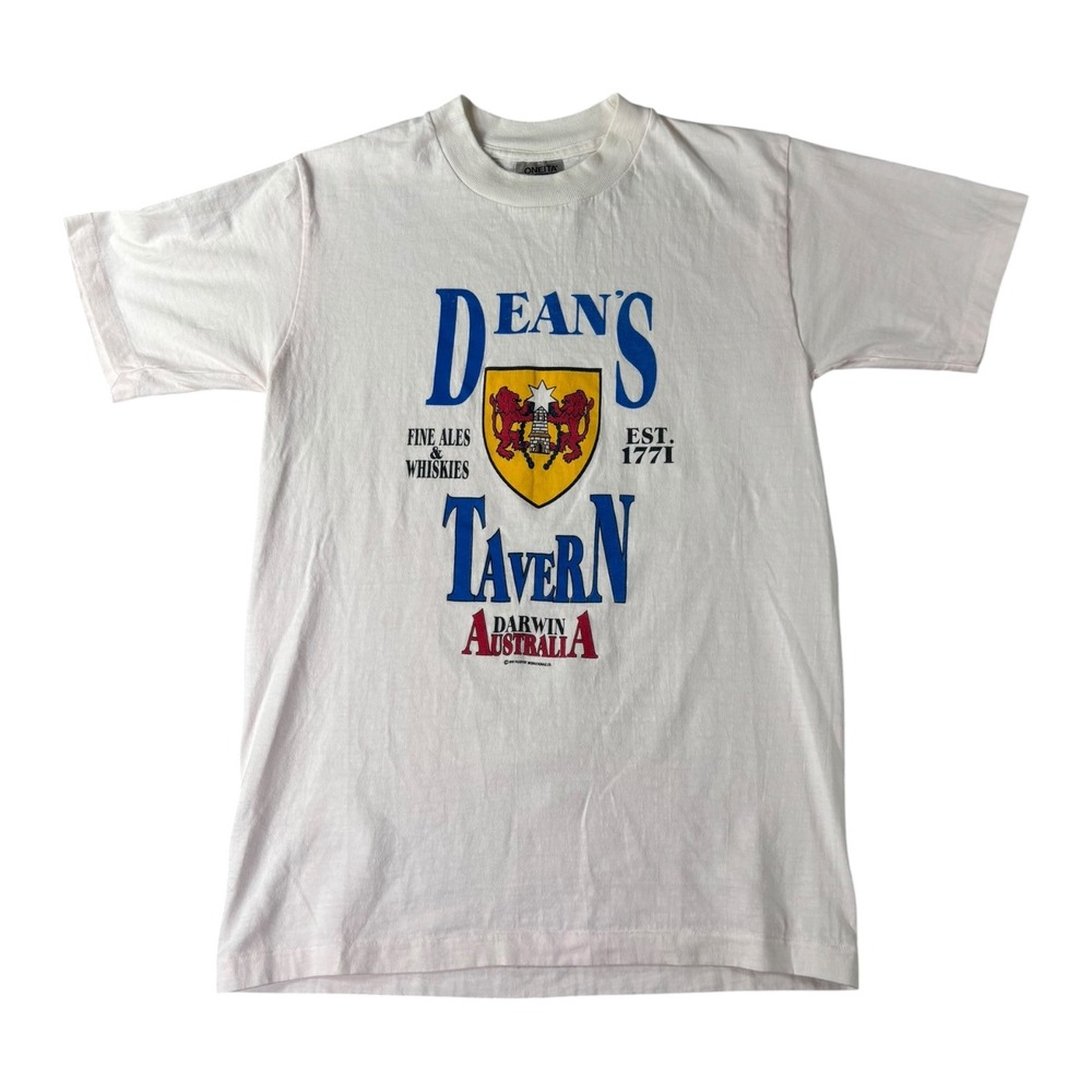 Vintage‎ 90s Deans Tavern Australia Graphic T-Shirt Oneita Power-T White Medium